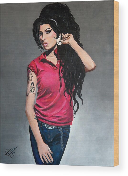 Amy Winehouse Wood Print featuring the painting Amy Winehouse Red Shirt by Tom Carlton