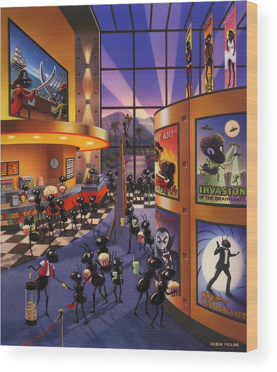 Ants. Ant Farm Characters Wood Print featuring the painting Ants at the Movie Theatre by Robin Moline