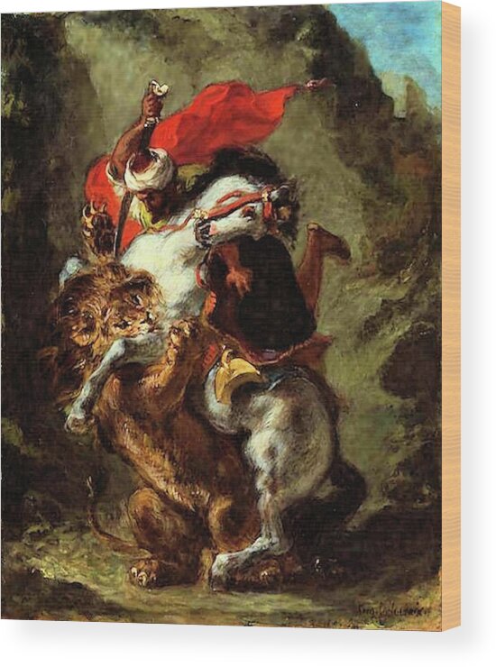 Arab Wood Print featuring the painting Arab Horseman Attacked by a Lion by Eugene Delacroix