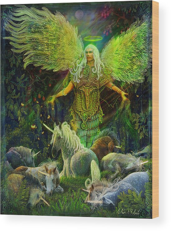 Angel Wood Print featuring the painting Archangel Raphael Protector of Unicorns by Steve Roberts