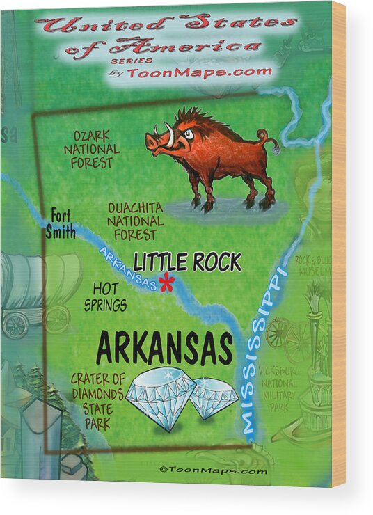 Arkansas Wood Print featuring the digital art Arkansas Fun Map by Kevin Middleton