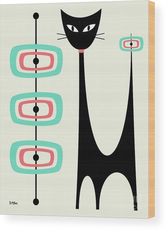 Mid Century Modern Wood Print featuring the digital art Atomic Cat Orbs Aqua and Pink on Cream by Donna Mibus