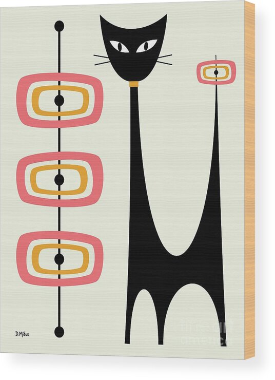 Mid Century Modern Wood Print featuring the digital art Atomic Cat Orbs Pink and Gold on Cream by Donna Mibus