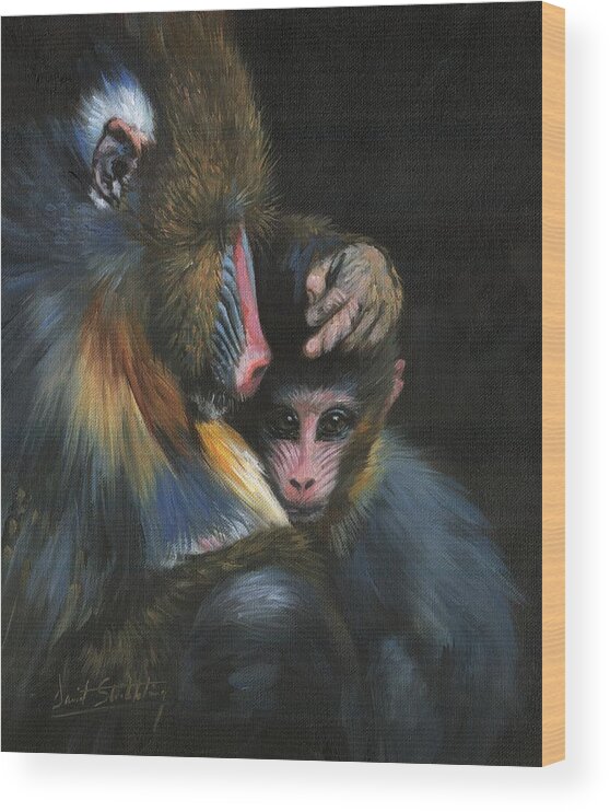 Baboob Wood Print featuring the painting Baboon Mother and Baby by David Stribbling