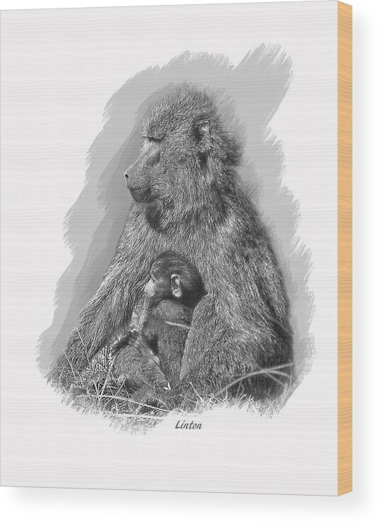Baboon Wood Print featuring the digital art Baboon Mother And Young by Larry Linton