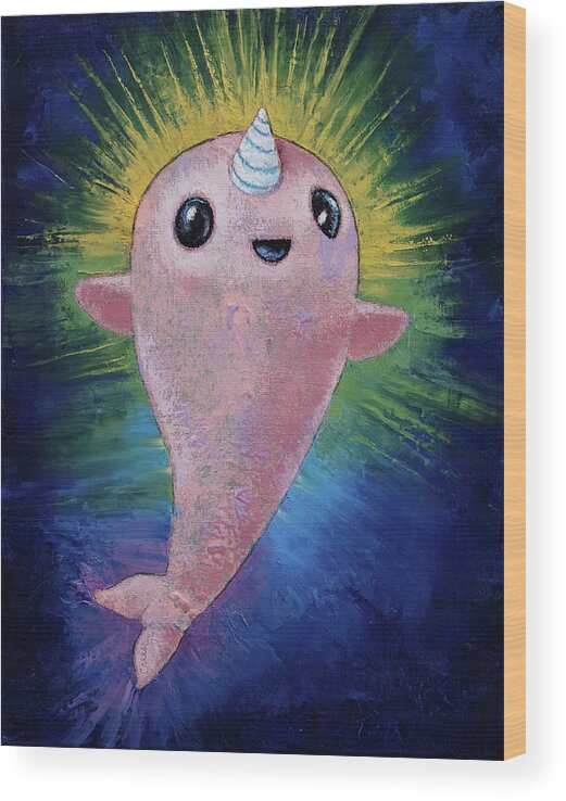 Kawaii Wood Print featuring the painting Baby Narwhal by Michael Creese