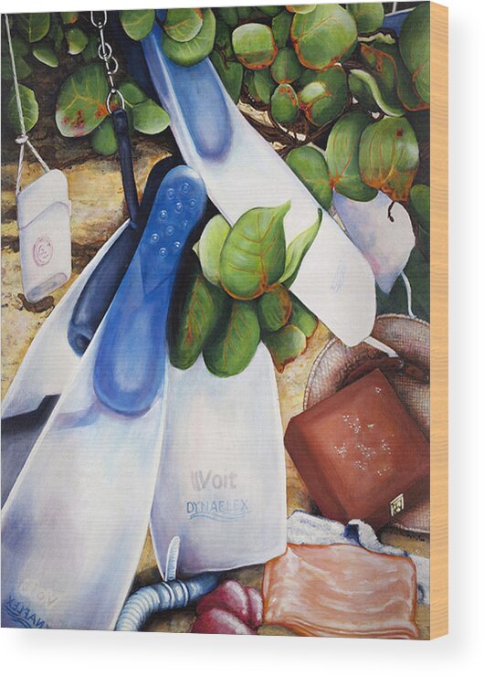 Beach Still Life At Baie Rouge In St Martin Wood Print featuring the painting Baie Rouge number one by Leo Malboeuf
