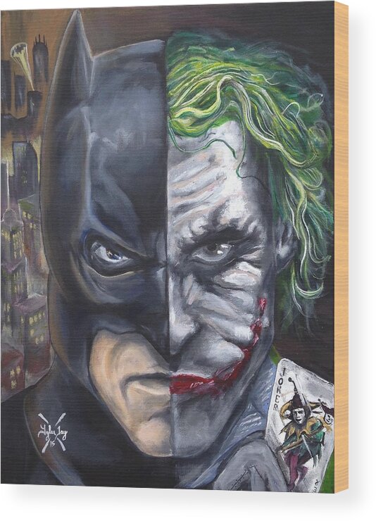 Batman Wood Print featuring the painting Batman/Joker by Tyler Haddox