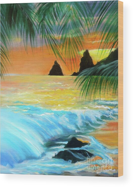 Orange Sunset Wood Print featuring the painting Beach Sunset by Jenny Lee