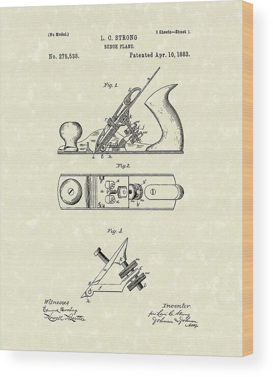 Bench Wood Print featuring the drawing Bench Plane 1883 Patent Art by Prior Art Design