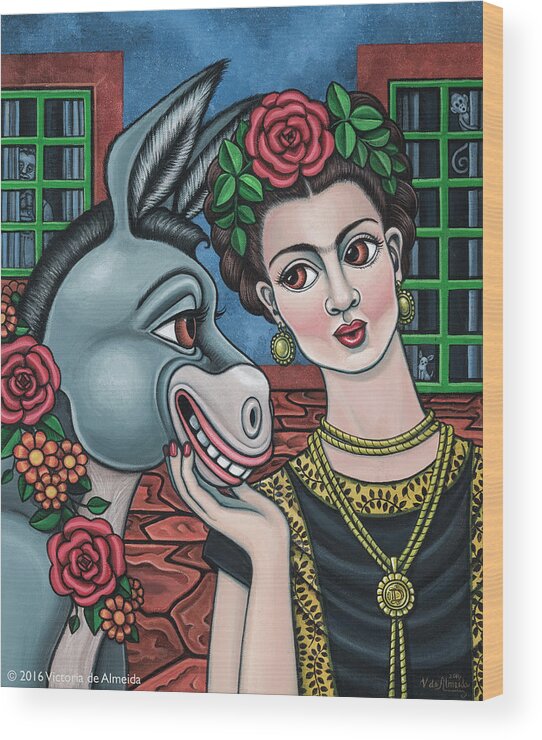 Hispanic Art Wood Print featuring the painting Beso or Fridas Kisses by Victoria De Almeida
