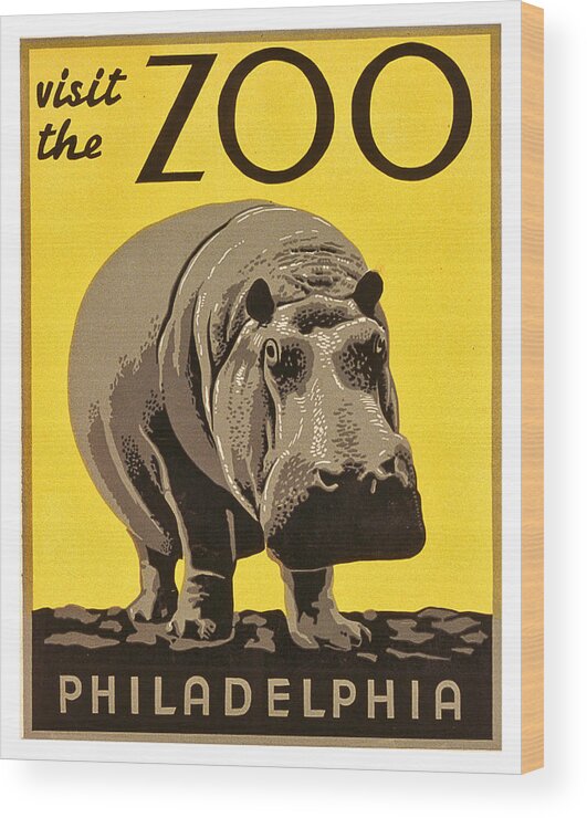 Big Hippo Wood Print featuring the painting Big Hippo, visit the zoo in Philadelphia, travel poster by Long Shot