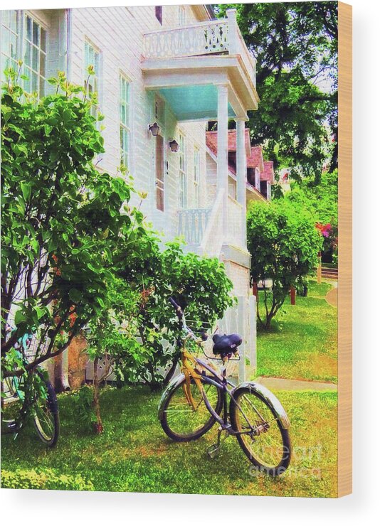 Traditional Art Wood Print featuring the painting Bikes in the Yard I I by Desiree Paquette