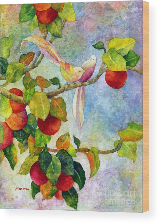Birds Wood Print featuring the painting Birds on Apple Tree by Hailey E Herrera