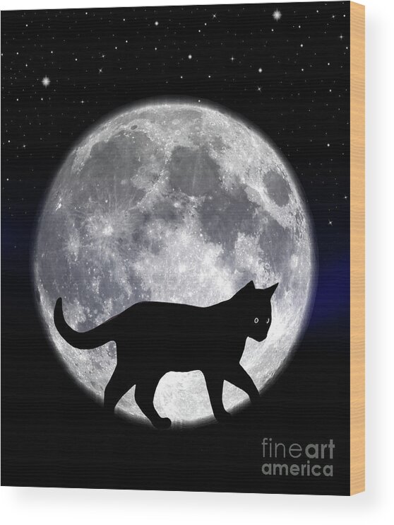 Halloween Wood Print featuring the photograph Black Cat And Full Moon 2 by Nina Ficur Feenan