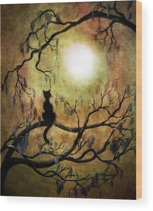 Black Cat Wood Print featuring the digital art Black Cat and Full Moon by Laura Iverson