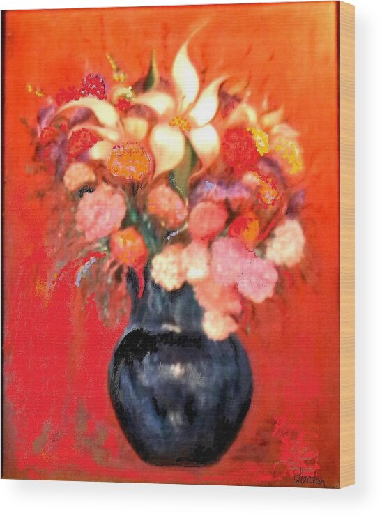 Red Flowers Wood Print featuring the painting Black Vase Floral by Jordan