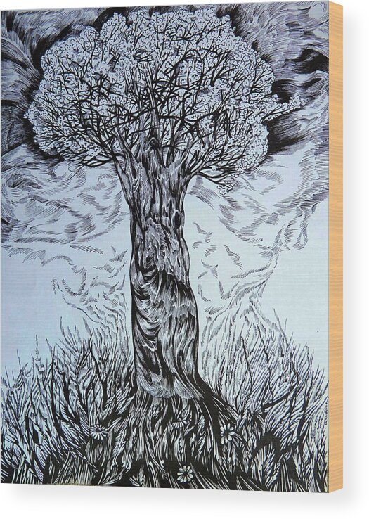 Landscape Wood Print featuring the drawing Blossom at any age by Anna Duyunova