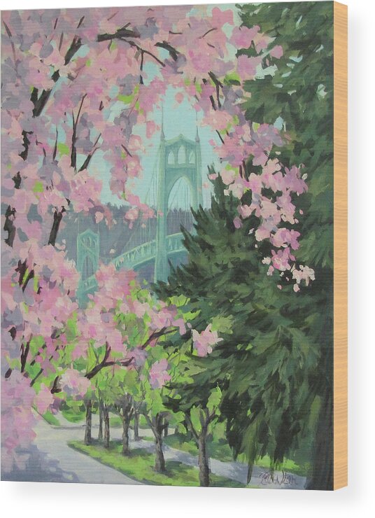 Bridge Wood Print featuring the painting Blossoming Bridge by Karen Ilari