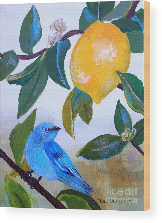Blue Bird Wood Print featuring the painting Blue Bird in Lemon Tree by Robin Pedrero