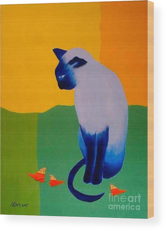 Painting Wood Print featuring the painting Blue cat by Wonju Hulse