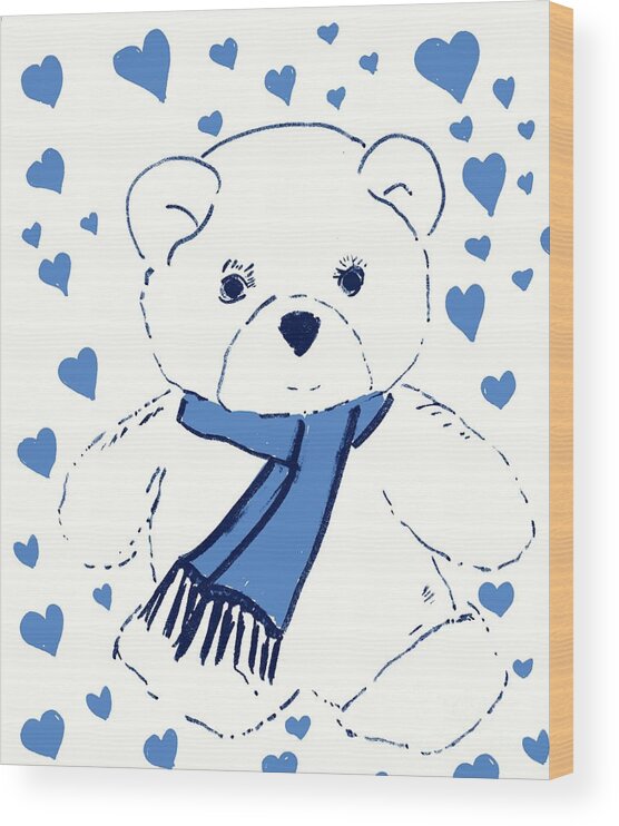 Teddy Wood Print featuring the drawing Blue Teddy Bear Love by Sonya Chalmers