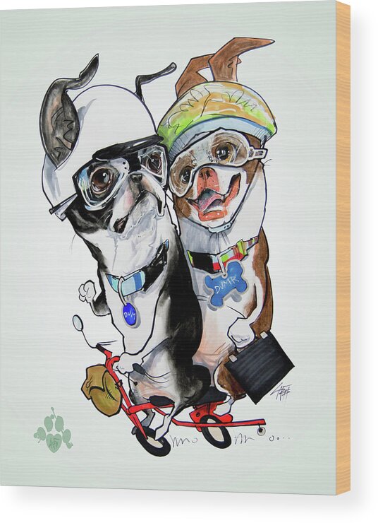 Boston Terrier Wood Print featuring the drawing Boston Terriers - Dumb and Dumber by John LaFree