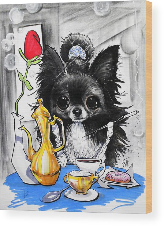 Dog Caricature Wood Print featuring the drawing Breakfast At Tiffany's Papillon Caricature Art Print by John LaFree