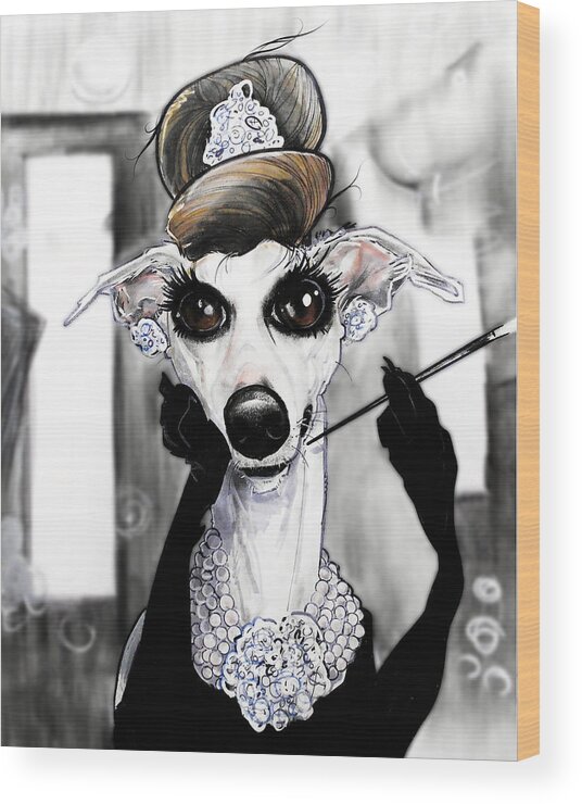 Dog Caricature Wood Print featuring the drawing Breakfast At Tiffany's Whippet Caricature by John LaFree