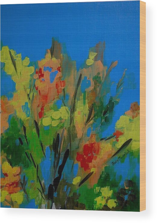 Nature Wood Print featuring the painting Bright Flowers on Blue by Judy Swerlick