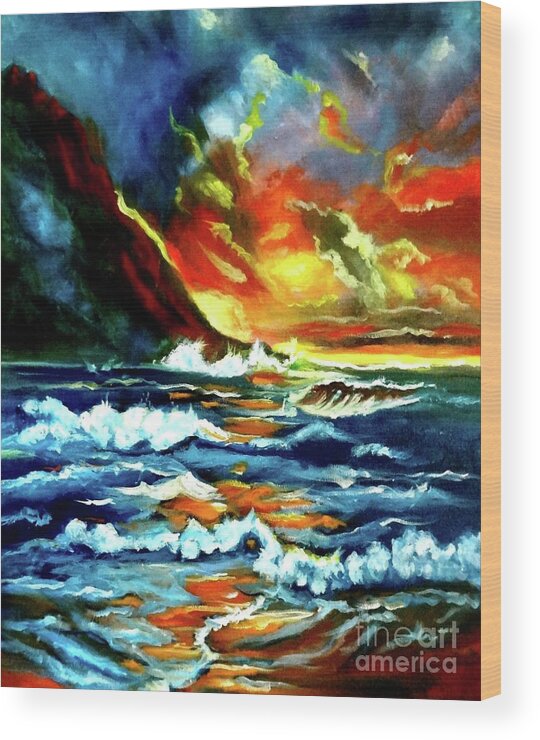 Sunset On Fire Wood Print featuring the painting Brilliant Hawaiian Sunset by Jenny Lee