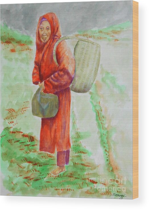 Asian Wood Print featuring the painting Bundled and Barefoot -- Portrait of Old Asian Woman Outdoors by Jayne Somogy