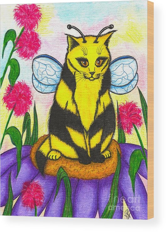 Buzz Wood Print featuring the painting Buzz Bumble Bee Fairy Cat by Carrie Hawks