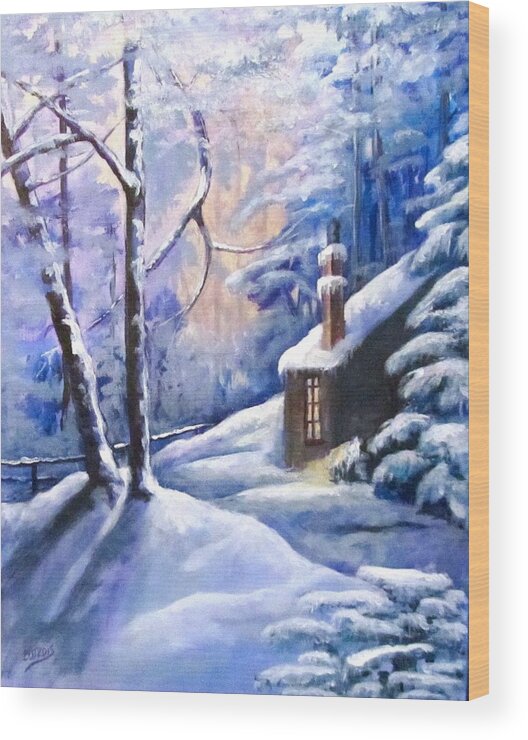 Snow Wood Print featuring the painting Cabin in the Woods by Barbara O'Toole