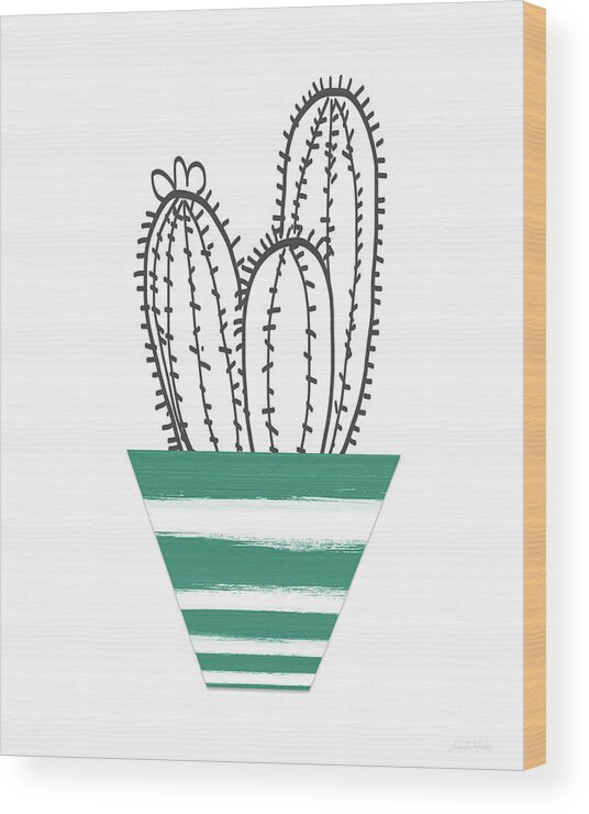 Plant Wood Print featuring the mixed media Cactus In A Green Pot- Art by Linda Woods by Linda Woods