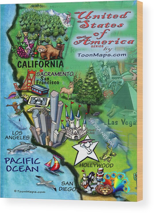 California Wood Print featuring the digital art California Fun Map by Kevin Middleton