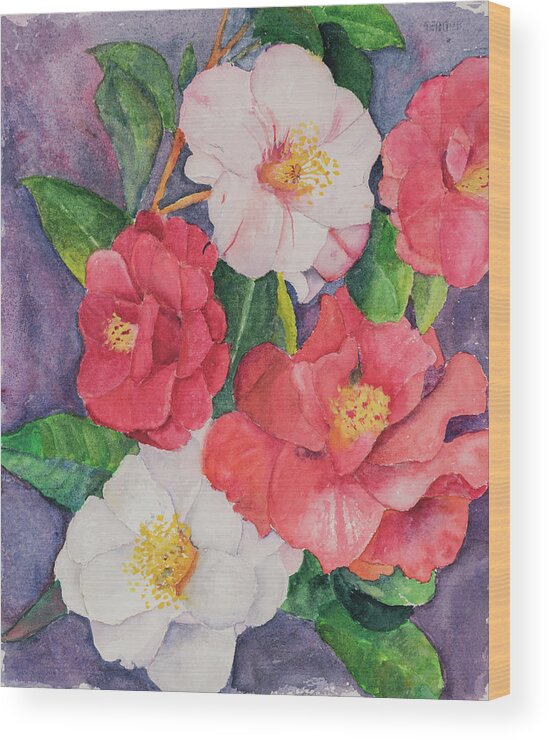 Floralscape Wood Print featuring the painting Camellias by Nadine Button