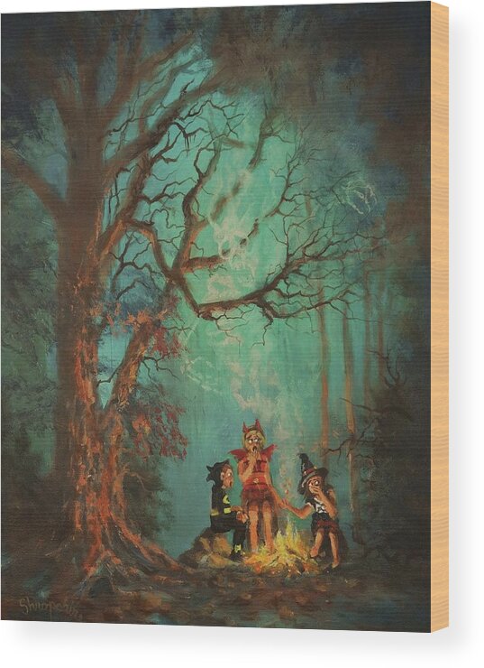 Halloween Wood Print featuring the painting Campfire Ghost by Tom Shropshire