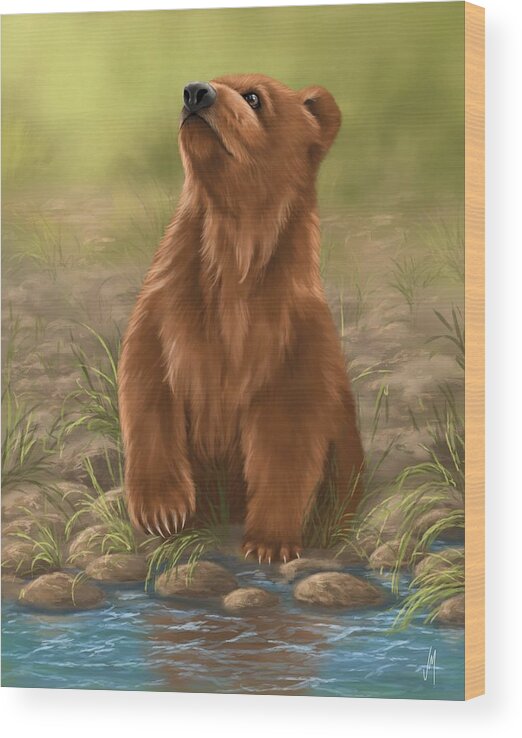 Bear Wood Print featuring the painting Can I dive? by Veronica Minozzi