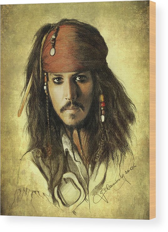 Face Wood Print featuring the drawing Captain Jack Sparrow by Jaroslaw Blaminsky