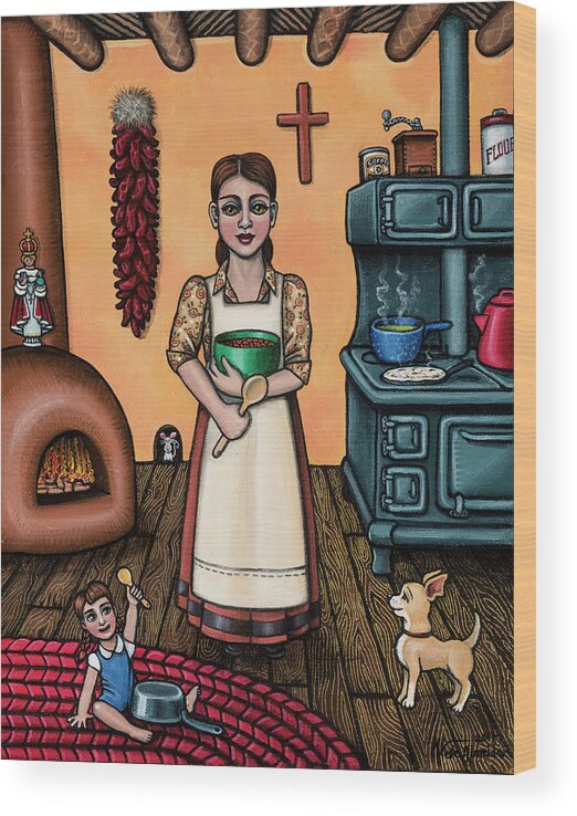 Kitchen Art Wood Print featuring the painting Carmelitas Kitchen Art by Victoria De Almeida