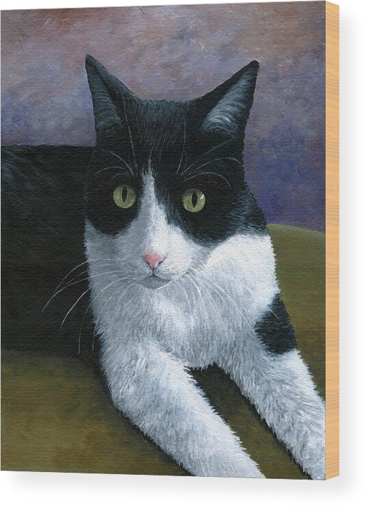 Cat Wood Print featuring the painting Cat 577 Tuxedo by Lucie Dumas