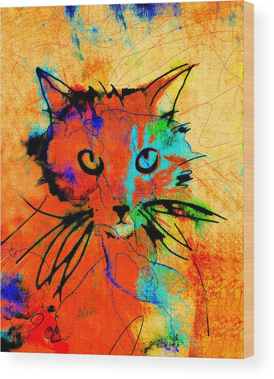 Cat Wood Print featuring the painting Cat In Red And Yellow by Ann Powell