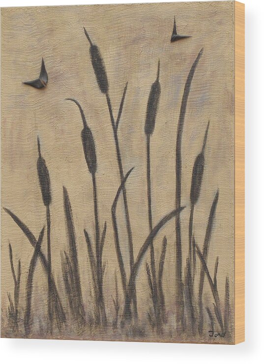 Landscape Wood Print featuring the painting Cattails 2 by Trish Toro