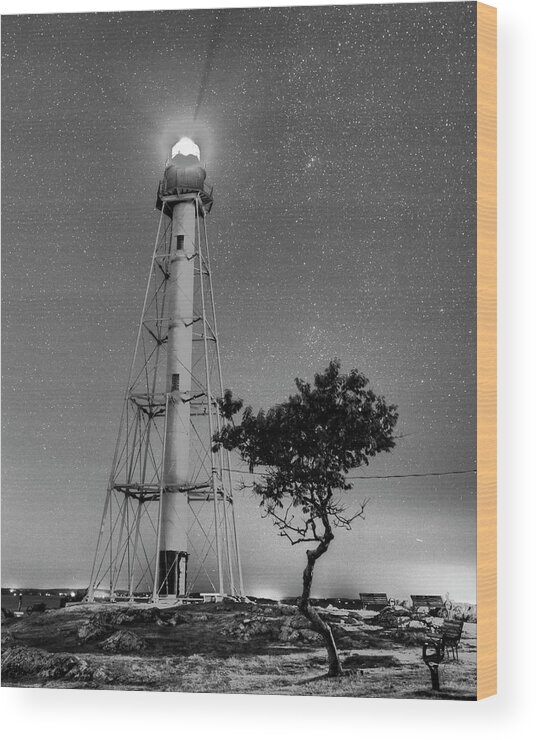 Marblehead Wood Print featuring the photograph Chandler Hovey Light Tower at night Marblehead MA Tree Black and White by Toby McGuire