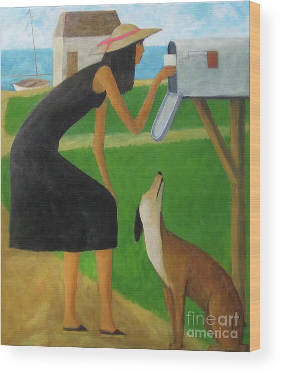 Mailbox. Beach. Dog Wood Print featuring the painting Checking The Box by Glenn Quist