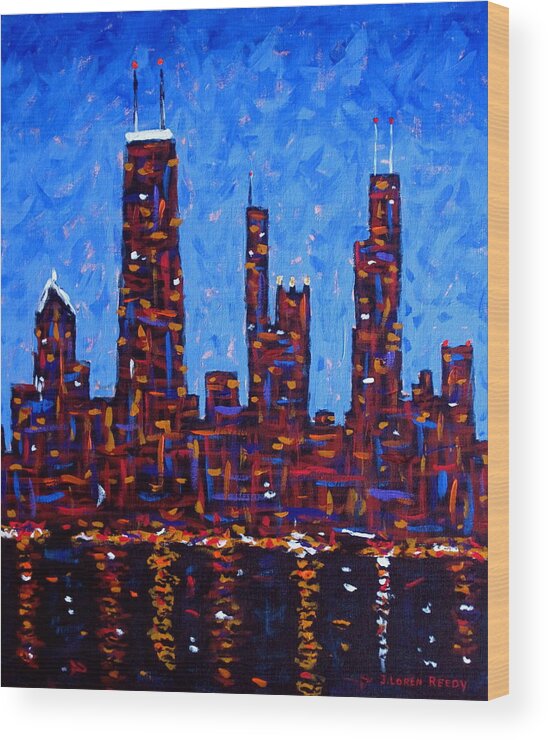 Night Painting Wood Print featuring the painting Chicago Skyline at Night from North Avenue Pier - vertical by J Loren Reedy