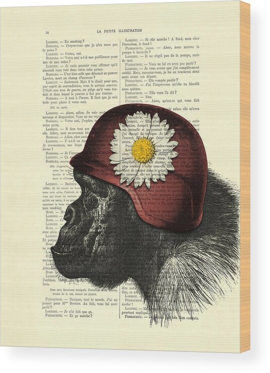 Chimp Wood Print featuring the mixed media Chimpanzee with helmet daisy flower dictionary art by Madame Memento