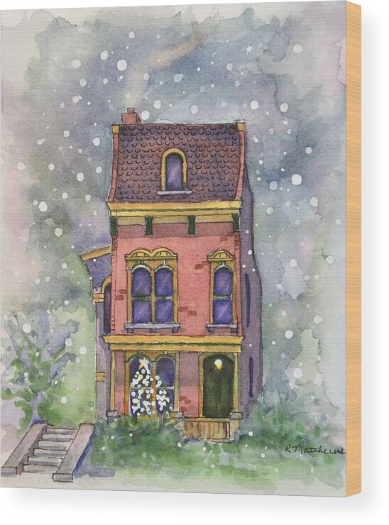 Watercolor Christmas Card Wood Print featuring the painting Christmas on North Hill by Rebecca Matthews
