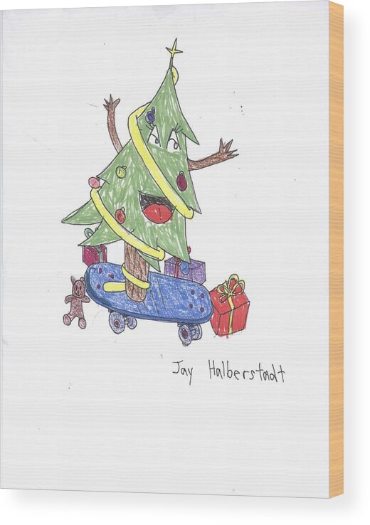 Christmas Wood Print featuring the drawing Christmas Tree on Skateboard by Jayson Halberstadt